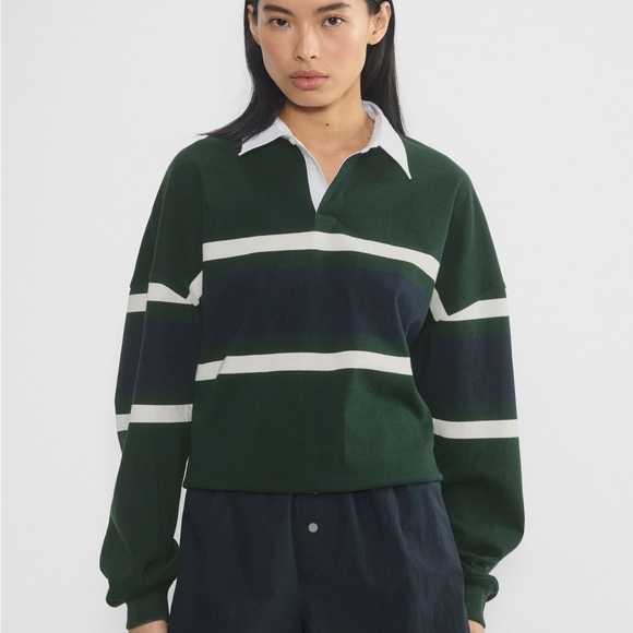 TNA Tops - Aritzia TNA Lomu Rugby Shirt – Mighty Cotton – Green & Navy Stripe – XS